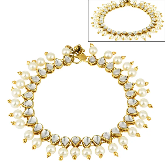 Bracelets Yellow Chimes Pearl Dropping Kundan Gold Plated Stylish Traditional Payal Anklets for Women and Girls Yellow Chimes