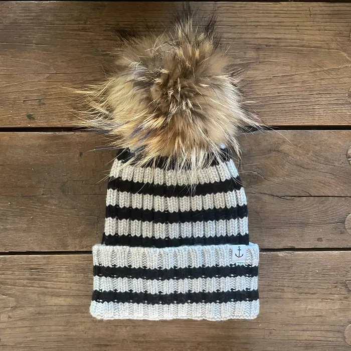 Anchored Heart Breton Stripe Hat Light HeatherMidnight with Natural Pom Real Fur Pom Pom Necklaces Anchored Heart Breton Stripe Hat Light HeatherMidnight with Natural Pom Real Fur Pom Pom Necklaces