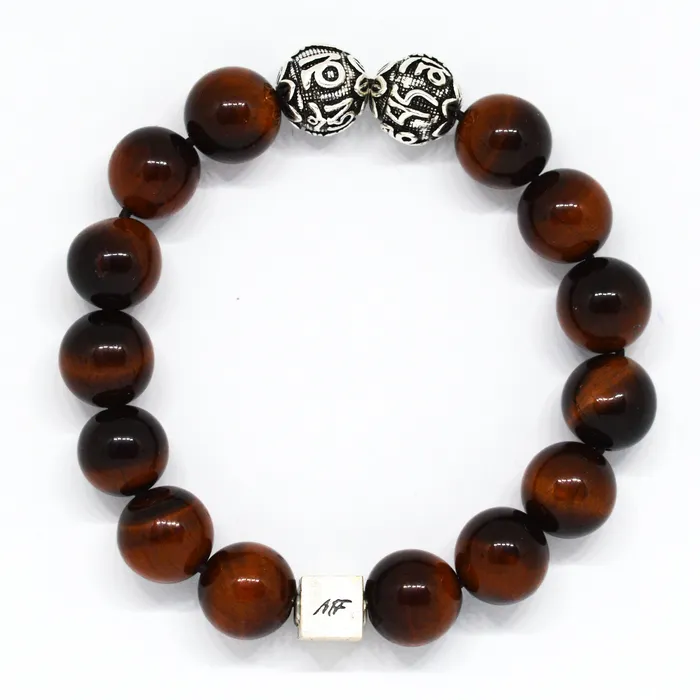 MF Bracelets Red Tiger Eye Round Infinity Silver Bracelet 12 MM