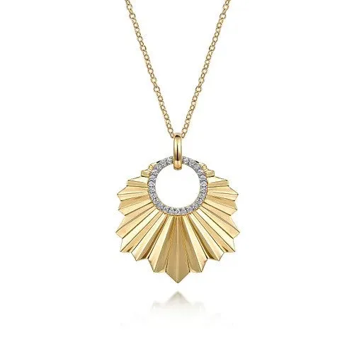 14K Yellow Gold Diamond Necklace With Diamond Cut Texture In Leaf Shape GABRIEL CO Necklaces