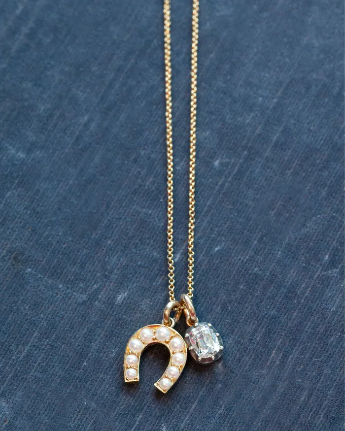 Bell Bird Antiques Charm Necklaces Victorian Era Pearl Horseshoe Charm