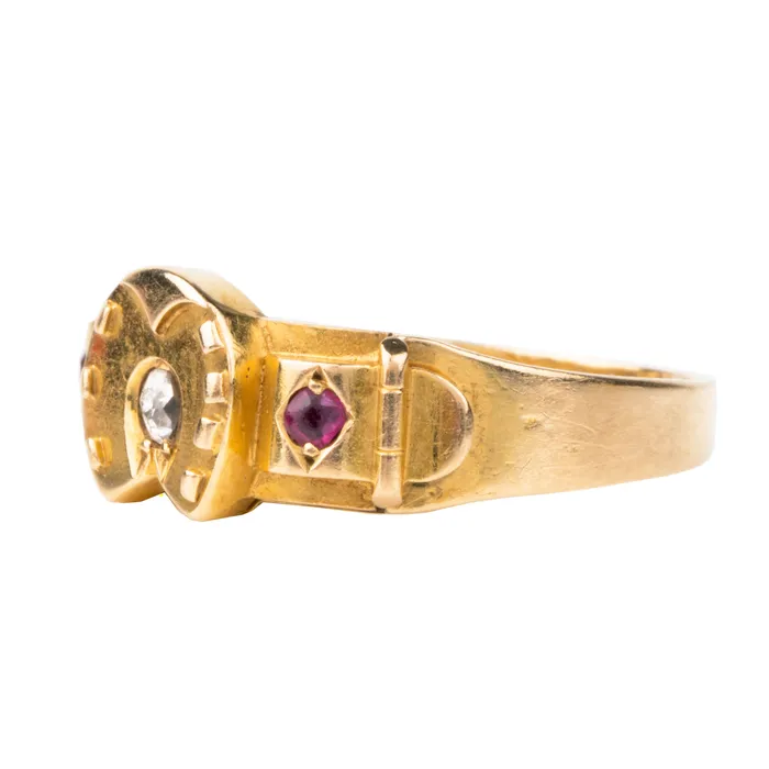 Bell Bird Antiques Rings Victorian Era Diamond and Ruby Horseshoe Ring