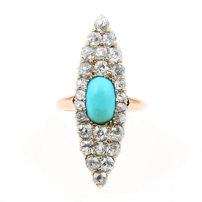 Bell Bird Antiques Rings Victorian Old Mine Cut Diamond Turquoise Navette Ring
