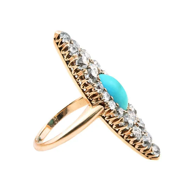 Bell Bird Antiques Rings Victorian Old Mine Cut Diamond Turquoise Navette Ring