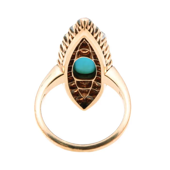Bell Bird Antiques Rings Victorian Old Mine Cut Diamond Turquoise Navette Ring