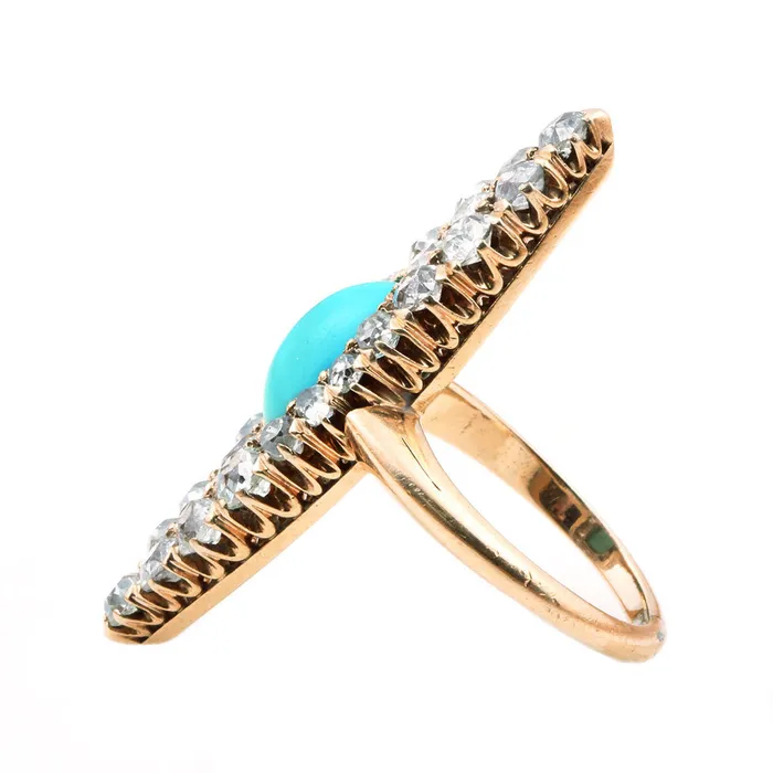 Bell Bird Antiques Rings Victorian Old Mine Cut Diamond Turquoise Navette Ring