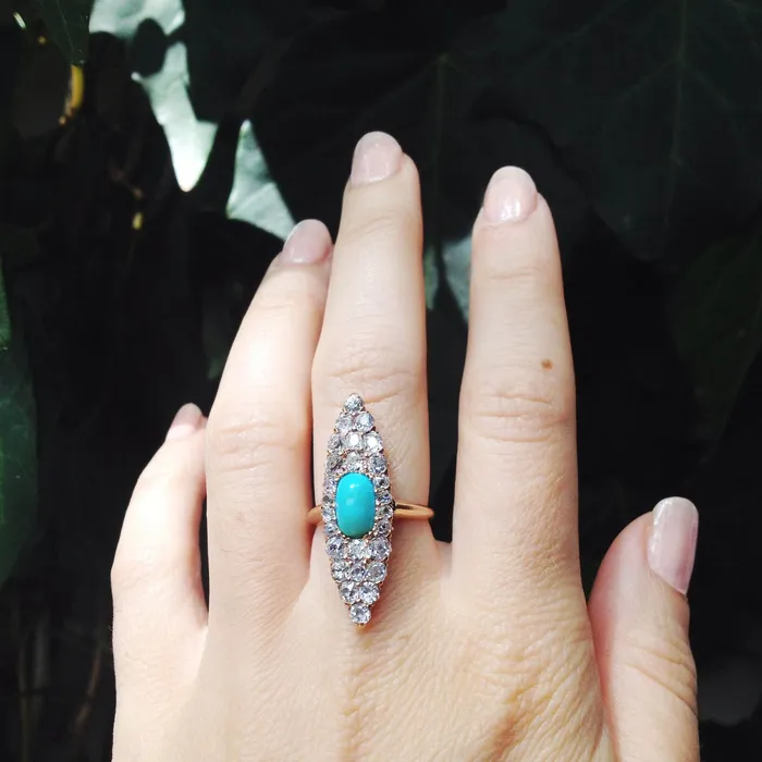 Bell Bird Antiques Rings Victorian Old Mine Cut Diamond Turquoise Navette Ring