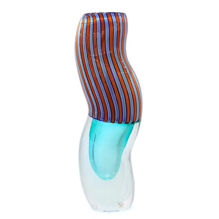Blue and red stripes Vase Murano blown glass Don Romano Rings