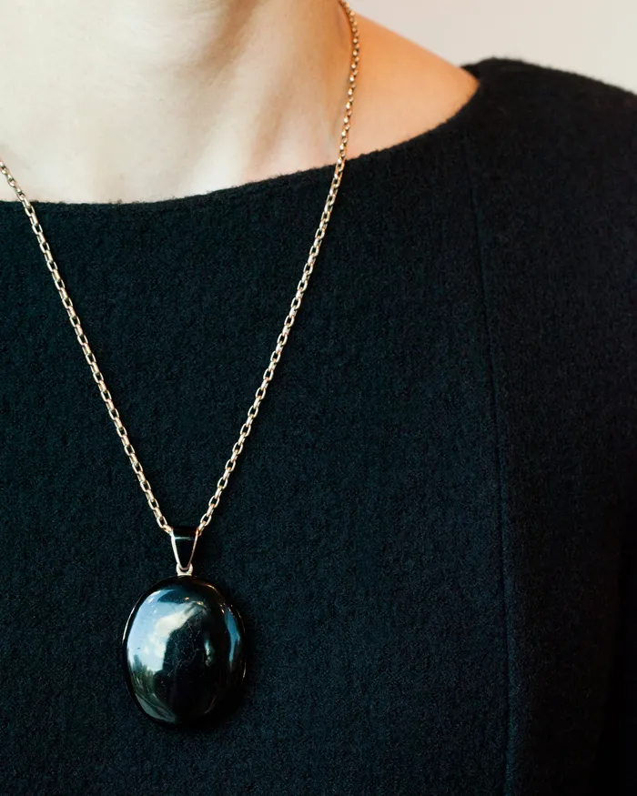 Necklaces Victorian Black Enamel Locket Bell Bird Antiques