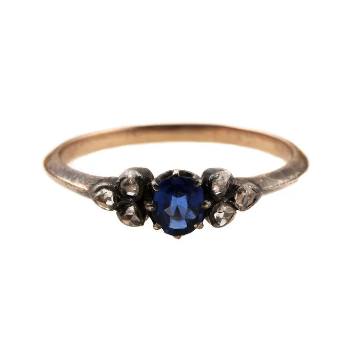 Rings 19th Century Sapphire Rose Cut Diamond Ring Bell Bird Antiques