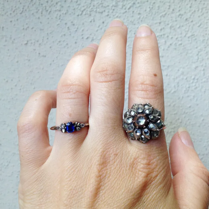 Rings 19th Century Sapphire Rose Cut Diamond Ring Bell Bird Antiques