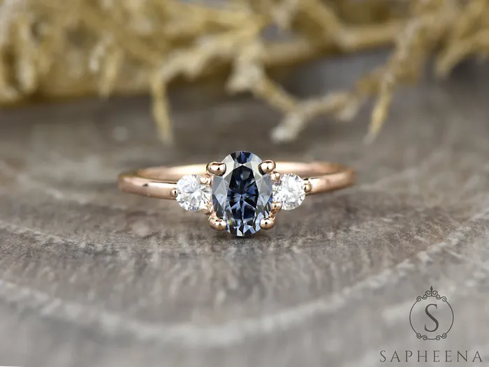 Rings Sapheena Jewelry Orion Three Stone 10 Ct Oval Cut Grey Moissanite Engagement Ring