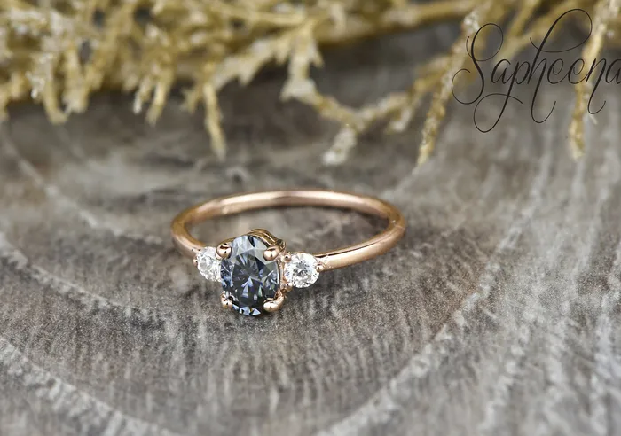 Rings Sapheena Jewelry Orion Three Stone 10 Ct Oval Cut Grey Moissanite Engagement Ring