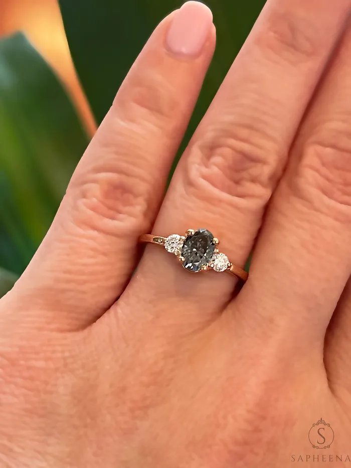 Rings Sapheena Jewelry Orion Three Stone 10 Ct Oval Cut Grey Moissanite Engagement Ring