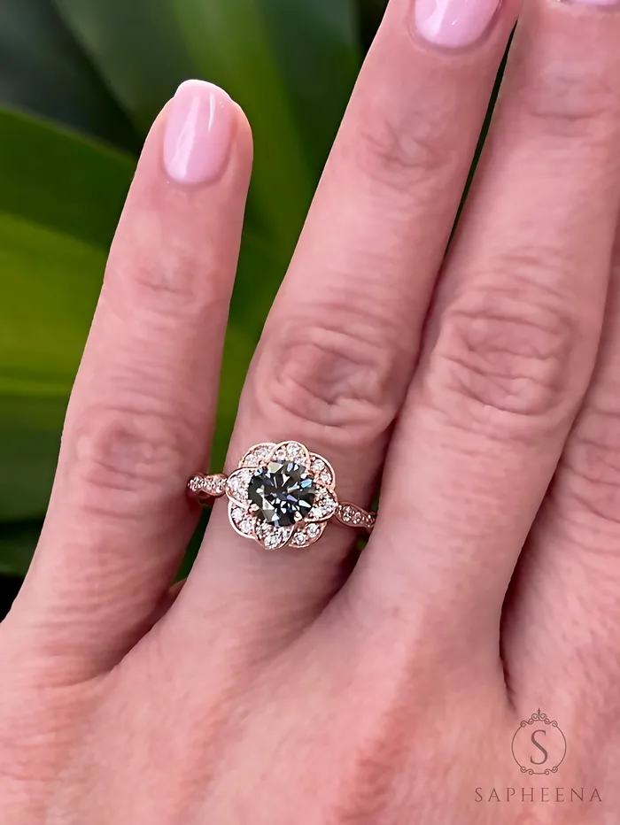 Rings Sapheena Jewelry Vivienne 125 Ct Round Cut Grey Moissanite Engagement Ring