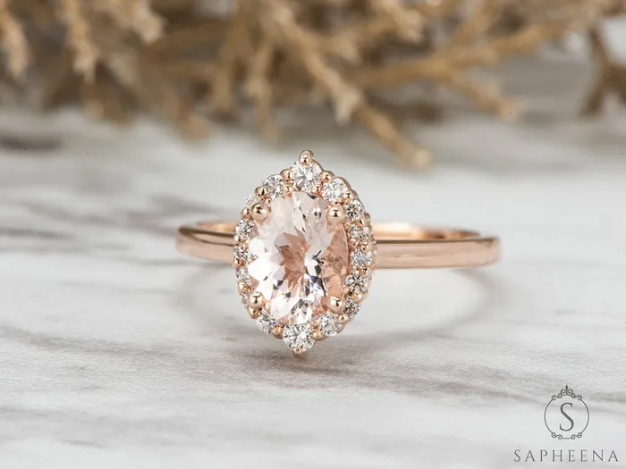 Sapheena Jewelry Rings Capella 125 Ct Oval Cut Halo Natural Morganite Engagement Ring