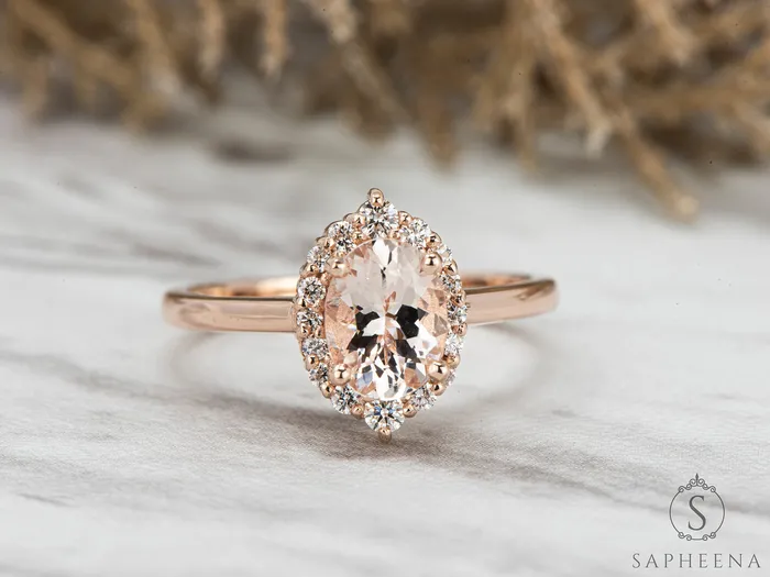 Sapheena Jewelry Rings Capella 125 Ct Oval Cut Halo Natural Morganite Engagement Ring