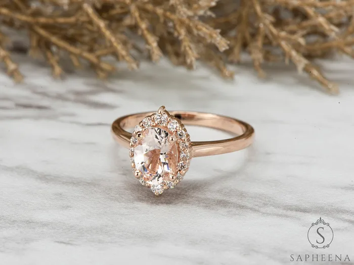 Sapheena Jewelry Rings Capella 125 Ct Oval Cut Halo Natural Morganite Engagement Ring