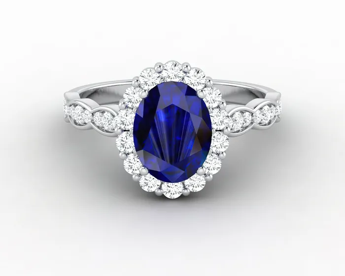 Sapheena Jewelry Rings Noya 175 Ct Oval Cut Halo Blue Sapphire Engagement Ring with Side Stones