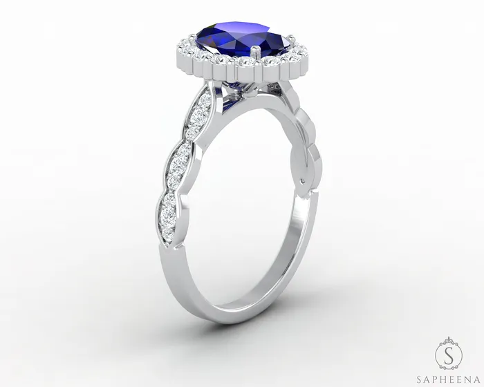 Sapheena Jewelry Rings Noya 175 Ct Oval Cut Halo Blue Sapphire Engagement Ring with Side Stones
