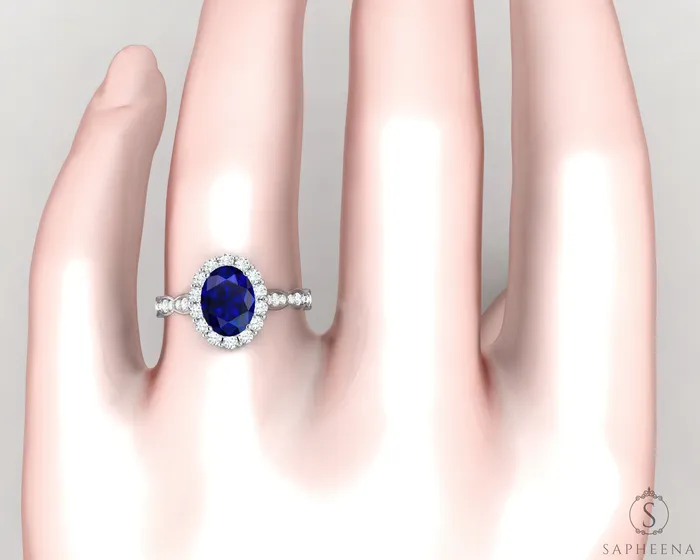 Sapheena Jewelry Rings Noya 175 Ct Oval Cut Halo Blue Sapphire Engagement Ring with Side Stones