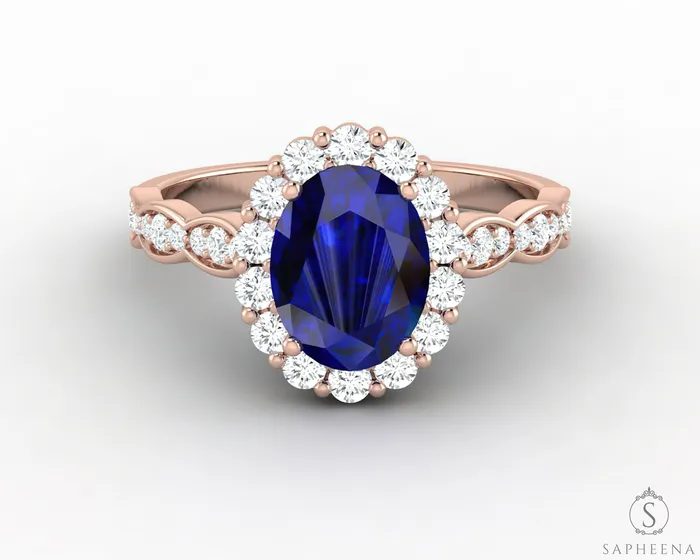 Sapheena Jewelry Rings Noya 175 Ct Oval Cut Halo Blue Sapphire Engagement Ring with Side Stones