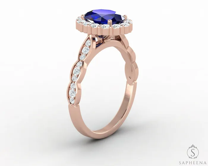 Sapheena Jewelry Rings Noya 175 Ct Oval Cut Halo Blue Sapphire Engagement Ring with Side Stones