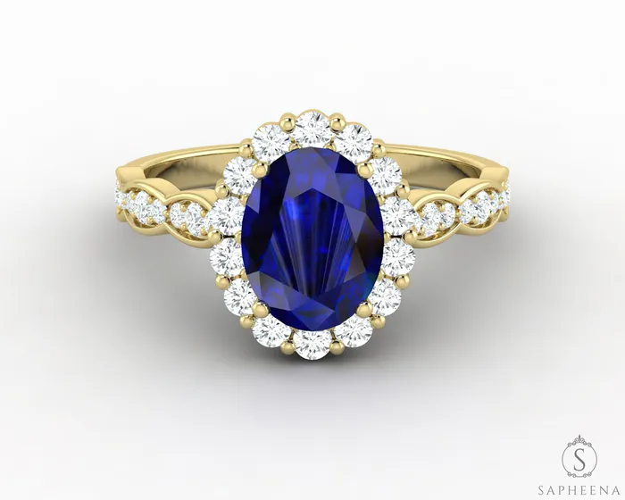 Sapheena Jewelry Rings Noya 175 Ct Oval Cut Halo Blue Sapphire Engagement Ring with Side Stones