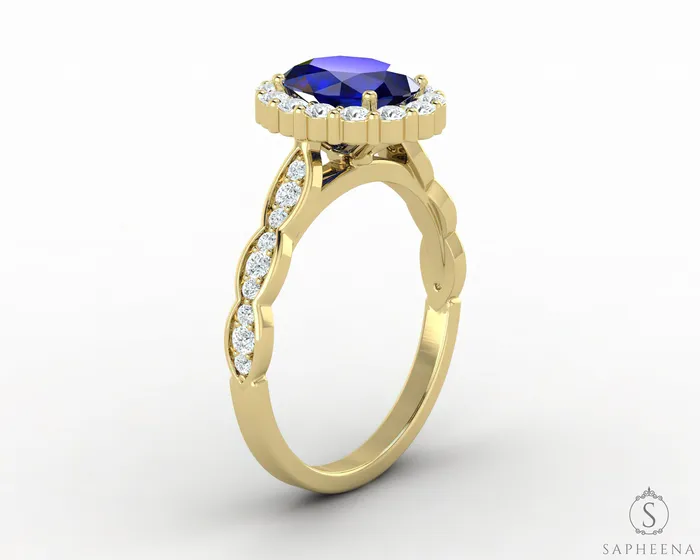 Sapheena Jewelry Rings Noya 175 Ct Oval Cut Halo Blue Sapphire Engagement Ring with Side Stones